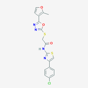 molecular formula C18H13ClN4O3S2 B269933 N-[4-(4-chlorophenyl)-1,3-thiazol-2-yl]-2-[[5-(2-methylfuran-3-yl)-1,3,4-oxadiazol-2-yl]sulfanyl]acetamide 