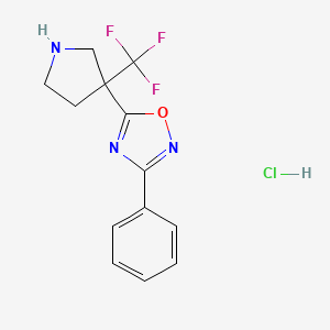 molecular formula C13H13ClF3N3O B2699394 3-Phenyl-5-[3-(trifluoromethyl)pyrrolidin-3-yl]-1,2,4-oxadiazole hydrochloride CAS No. 2060040-00-6