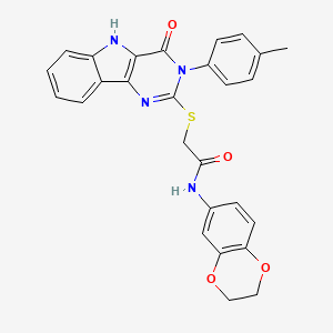 molecular formula C27H22N4O4S B2699484 N-(2,3-dihydrobenzo[b][1,4]dioxin-6-yl)-2-((4-oxo-3-(p-tolyl)-4,5-dihydro-3H-pyrimido[5,4-b]indol-2-yl)thio)acetamide CAS No. 536704-65-1