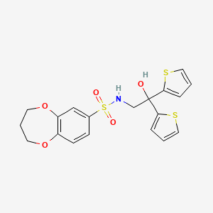molecular formula C19H19NO5S3 B2699591 N-(2-hydroxy-2,2-di(thiophen-2-yl)ethyl)-3,4-dihydro-2H-benzo[b][1,4]dioxepine-7-sulfonamide CAS No. 2034486-44-5