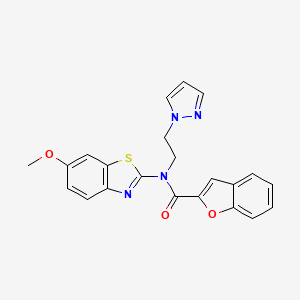 molecular formula C22H18N4O3S B2699594 N-(2-(1H-pyrazol-1-yl)ethyl)-N-(6-methoxybenzo[d]thiazol-2-yl)benzofuran-2-carboxamide CAS No. 1172385-66-8