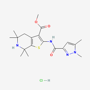 molecular formula C19H27ClN4O3S B2699646 methyl 2-(1,5-dimethyl-1H-pyrazole-3-amido)-5,5,7,7-tetramethyl-4H,5H,6H,7H-thieno[2,3-c]pyridine-3-carboxylate hydrochloride CAS No. 1329871-88-6