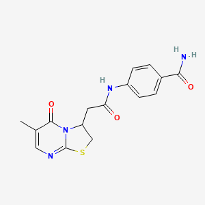 molecular formula C16H16N4O3S B2699683 4-(2-(6-methyl-5-oxo-3,5-dihydro-2H-thiazolo[3,2-a]pyrimidin-3-yl)acetamido)benzamide CAS No. 953229-17-9