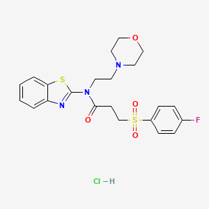 molecular formula C22H25ClFN3O4S2 B2699690 N-(1,3-BENZOTHIAZOL-2-YL)-3-(4-FLUOROBENZENESULFONYL)-N-[2-(MORPHOLIN-4-YL)ETHYL]PROPANAMIDE HYDROCHLORIDE CAS No. 1216625-14-7