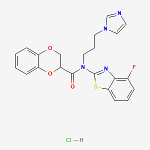 molecular formula C22H20ClFN4O3S B2699721 N-(3-(1H-imidazol-1-yl)propyl)-N-(4-fluorobenzo[d]thiazol-2-yl)-2,3-dihydrobenzo[b][1,4]dioxine-2-carboxamide hydrochloride CAS No. 1216512-41-2