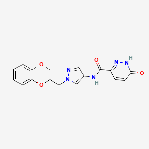 molecular formula C17H15N5O4 B2699967 N-(1-((2,3-dihydrobenzo[b][1,4]dioxin-2-yl)methyl)-1H-pyrazol-4-yl)-6-oxo-1,6-dihydropyridazine-3-carboxamide CAS No. 1797091-77-0
