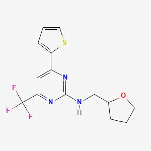 molecular formula C14H14F3N3OS B2700058 N-[(oxolan-2-yl)methyl]-4-(thiophen-2-yl)-6-(trifluoromethyl)pyrimidin-2-amine CAS No. 686726-13-6