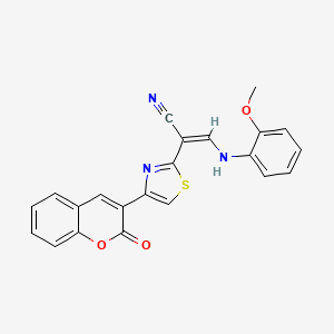 molecular formula C22H15N3O3S B2700166 (Z)-3-((2-methoxyphenyl)amino)-2-(4-(2-oxo-2H-chromen-3-yl)thiazol-2-yl)acrylonitrile CAS No. 372501-45-6