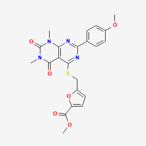 molecular formula C22H20N4O6S B2700177 Methyl 5-(((2-(4-methoxyphenyl)-6,8-dimethyl-5,7-dioxo-5,6,7,8-tetrahydropyrimido[4,5-d]pyrimidin-4-yl)thio)methyl)furan-2-carboxylate CAS No. 852169-15-4