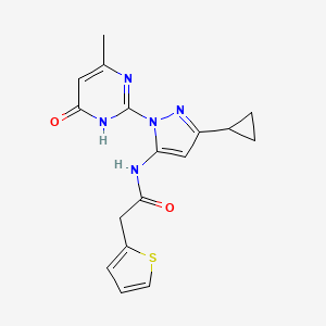 molecular formula C17H17N5O2S B2700303 N-(3-cyclopropyl-1-(4-methyl-6-oxo-1,6-dihydropyrimidin-2-yl)-1H-pyrazol-5-yl)-2-(thiophen-2-yl)acetamide CAS No. 1207018-13-0