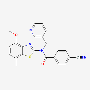 molecular formula C23H18N4O2S B2700453 4-cyano-N-(4-methoxy-7-methyl-1,3-benzothiazol-2-yl)-N-[(pyridin-3-yl)methyl]benzamide 