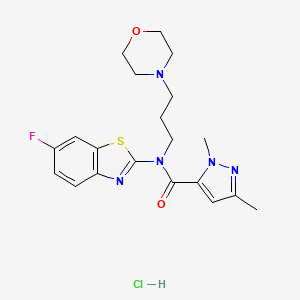 molecular formula C20H25ClFN5O2S B2700529 N-(6-fluoro-1,3-benzothiazol-2-yl)-1,3-dimethyl-N-[3-(morpholin-4-yl)propyl]-1H-pyrazole-5-carboxamide hydrochloride CAS No. 1216551-27-7
