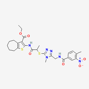 molecular formula C27H32N6O6S2 B2700642 ETHYL 2-{2-[(4-METHYL-5-{[(4-METHYL-3-NITROPHENYL)FORMAMIDO]METHYL}-4H-1,2,4-TRIAZOL-3-YL)SULFANYL]PROPANAMIDO}-4H,5H,6H,7H,8H-CYCLOHEPTA[B]THIOPHENE-3-CARBOXYLATE CAS No. 393815-13-9