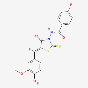 (Z)-4-fluoro-N-(5-(4-hydroxy-3-methoxybenzylidene)-4-oxo-2-thioxothiazolidin-3-yl)benzamide