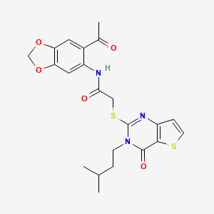 molecular formula C22H23N3O5S2 B2700854 N-(6-acetyl-1,3-benzodioxol-5-yl)-2-{[3-(3-methylbutyl)-4-oxo-3,4-dihydrothieno[3,2-d]pyrimidin-2-yl]sulfanyl}acetamide CAS No. 1252821-40-1