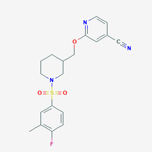 B2700871 2-[[1-(4-Fluoro-3-methylphenyl)sulfonylpiperidin-3-yl]methoxy]pyridine-4-carbonitrile CAS No. 2379988-98-2