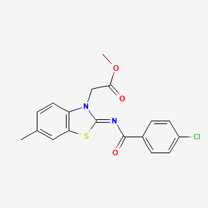 molecular formula C18H15ClN2O3S B2701078 methyl 2-[(2Z)-2-[(4-chlorobenzoyl)imino]-6-methyl-2,3-dihydro-1,3-benzothiazol-3-yl]acetate CAS No. 897616-70-5