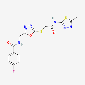molecular formula C15H13FN6O3S2 B2701200 4-fluoro-N-((5-((2-((5-methyl-1,3,4-thiadiazol-2-yl)amino)-2-oxoethyl)thio)-1,3,4-oxadiazol-2-yl)methyl)benzamide CAS No. 904270-89-9