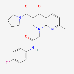 molecular formula C22H21FN4O3 B2701286 N-(4-fluorophenyl)-2-(7-methyl-4-oxo-3-(pyrrolidine-1-carbonyl)-1,8-naphthyridin-1(4H)-yl)acetamide CAS No. 1251672-99-7