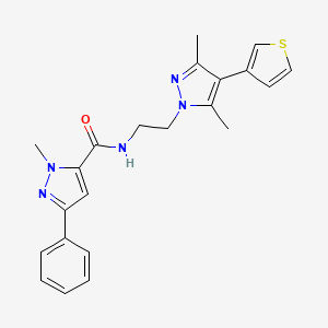 molecular formula C22H23N5OS B2701472 N-(2-(3,5-dimethyl-4-(thiophen-3-yl)-1H-pyrazol-1-yl)ethyl)-1-methyl-3-phenyl-1H-pyrazole-5-carboxamide CAS No. 2034376-06-0