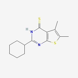 molecular formula C14H18N2S2 B2701528 2-Cyclohexyl-5,6-dimethyl-thieno[2,3-d]pyrimidine-4-thiol CAS No. 917746-87-3