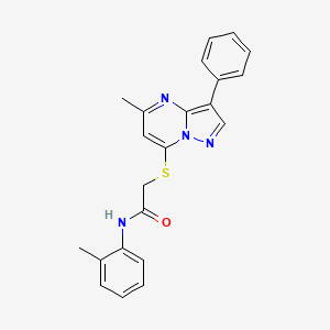 molecular formula C22H20N4OS B2701544 2-((5-methyl-3-phenylpyrazolo[1,5-a]pyrimidin-7-yl)thio)-N-(o-tolyl)acetamide CAS No. 877779-31-2