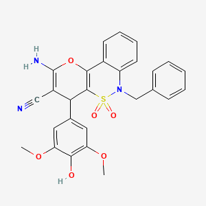 molecular formula C27H23N3O6S B2701597 2-Amino-6-benzyl-4-(4-hydroxy-3,5-dimethoxyphenyl)-4,6-dihydropyrano[3,2-c][2,1]benzothiazine-3-carbonitrile 5,5-dioxide CAS No. 893318-60-0