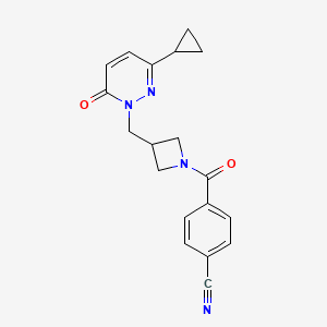 molecular formula C19H18N4O2 B2701626 4-[3-[(3-Cyclopropyl-6-oxopyridazin-1-yl)methyl]azetidine-1-carbonyl]benzonitrile CAS No. 2320422-74-8
