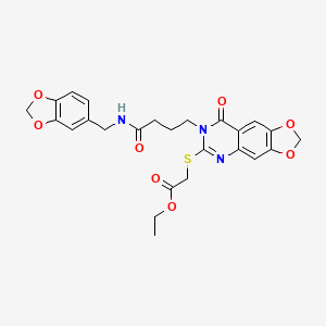 molecular formula C25H25N3O8S B2701769 ethyl 2-{[7-(3-{[(2H-1,3-benzodioxol-5-yl)methyl]carbamoyl}propyl)-8-oxo-2H,7H,8H-[1,3]dioxolo[4,5-g]quinazolin-6-yl]sulfanyl}acetate CAS No. 688060-20-0