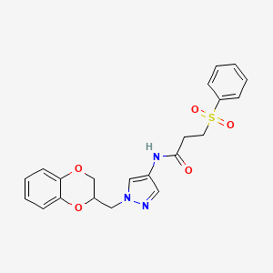 N-(1-((2,3-dihydrobenzo[b][1,4]dioxin-2-yl)methyl)-1H-pyrazol-4-yl)-3-(phenylsulfonyl)propanamide