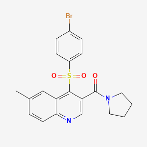 molecular formula C21H19BrN2O3S B2701903 4-[(4-Bromophenyl)sulfonyl]-6-methyl-3-(pyrrolidin-1-ylcarbonyl)quinoline CAS No. 1111052-50-6