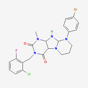 molecular formula C22H18BrClFN5O2 B2701943 9-(4-bromophenyl)-3-[(2-chloro-6-fluorophenyl)methyl]-1-methyl-1H,2H,3H,4H,6H,7H,8H,9H-pyrimido[1,2-g]purine-2,4-dione CAS No. 920458-72-6