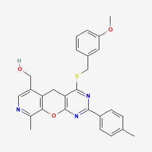 molecular formula C27H25N3O3S B2701946 (7-{[(3-Methoxyphenyl)methyl]sulfanyl}-14-methyl-5-(4-methylphenyl)-2-oxa-4,6,13-triazatricyclo[8.4.0.0^{3,8}]tetradeca-1(10),3(8),4,6,11,13-hexaen-11-yl)methanol CAS No. 892415-12-2