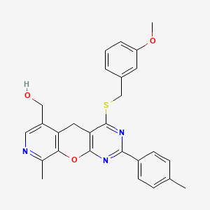 molecular formula C27H25N3O3S B2701946 [4-[(3-methoxybenzyl)thio]-9-methyl-2-(4-methylphenyl)-5H-pyrido[4',3':5,6]pyrano[2,3-d]pyrimidin-6-yl]methanol CAS No. 892415-12-2