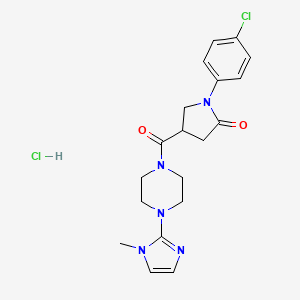 molecular formula C19H23Cl2N5O2 B2701952 1-(4-chlorophenyl)-4-(4-(1-methyl-1H-imidazol-2-yl)piperazine-1-carbonyl)pyrrolidin-2-one hydrochloride CAS No. 1189946-31-3