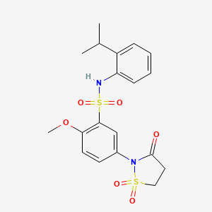 molecular formula C19H22N2O6S2 B2701972 5-(1,1-二氧化-3-氧代异噻唑烷-2-基)-N-(2-异丙基苯基)-2-甲氧基苯磺酰胺 CAS No. 1015536-09-0