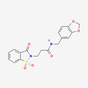 molecular formula C18H16N2O6S B2702029 N-(1,3-苯并二噻吩-5-基甲基)-3-(1,1,3-三氧代-1,2-苯并噻唑-2-基)丙酰胺 CAS No. 899995-95-0