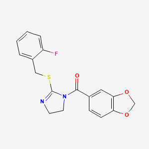 molecular formula C18H15FN2O3S B2702032 1-(2H-1,3-benzodioxole-5-carbonyl)-2-{[(2-fluorophenyl)methyl]sulfanyl}-4,5-dihydro-1H-imidazole CAS No. 851806-86-5