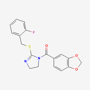 molecular formula C18H15FN2O3S B2702032 1,3-Benzodioxol-5-yl-[2-[(2-fluorophenyl)methylsulfanyl]-4,5-dihydroimidazol-1-yl]methanone CAS No. 851806-86-5