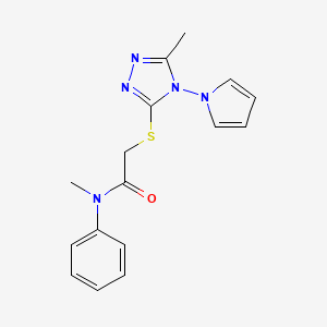 molecular formula C16H17N5OS B2702079 N-methyl-2-((5-methyl-4-(1H-pyrrol-1-yl)-4H-1,2,4-triazol-3-yl)thio)-N-phenylacetamide CAS No. 896291-58-0