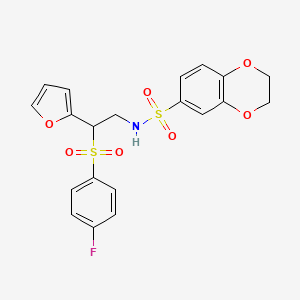 molecular formula C20H18FNO7S2 B2702155 N-[2-(4-fluorobenzenesulfonyl)-2-(furan-2-yl)ethyl]-2,3-dihydro-1,4-benzodioxine-6-sulfonamide CAS No. 896328-85-1