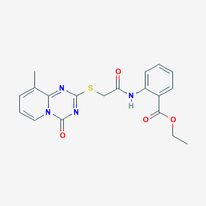 molecular formula C19H18N4O4S B2702398 ethyl 2-[2-({9-methyl-4-oxo-4H-pyrido[1,2-a][1,3,5]triazin-2-yl}sulfanyl)acetamido]benzoate CAS No. 896341-45-0