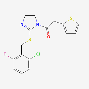molecular formula C16H14ClFN2OS2 B2702450 1-(2-{[(2-chloro-6-fluorophenyl)methyl]sulfanyl}-4,5-dihydro-1H-imidazol-1-yl)-2-(thiophen-2-yl)ethan-1-one CAS No. 851803-00-4