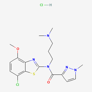 molecular formula C18H23Cl2N5O2S B2702671 N-(7-chloro-4-methoxy-1,3-benzothiazol-2-yl)-N-[3-(dimethylamino)propyl]-1-methyl-1H-pyrazole-3-carboxamide hydrochloride CAS No. 1189704-46-8
