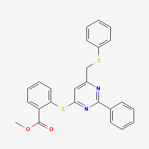 molecular formula C25H20N2O2S2 B2702735 Methyl 2-[2-phenyl-6-(phenylsulfanylmethyl)pyrimidin-4-yl]sulfanylbenzoate CAS No. 303147-65-1