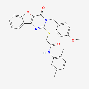 molecular formula C28H25N3O4S B2702867 N-(2,5-dimethylphenyl)-2-({5-[(4-methoxyphenyl)methyl]-6-oxo-8-oxa-3,5-diazatricyclo[7.4.0.0^{2,7}]trideca-1(9),2(7),3,10,12-pentaen-4-yl}sulfanyl)acetamide CAS No. 866873-79-2