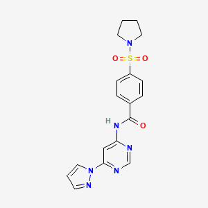 molecular formula C18H18N6O3S B2702872 N-(6-(1H-pyrazol-1-yl)pyrimidin-4-yl)-4-(pyrrolidin-1-ylsulfonyl)benzamide CAS No. 1428372-54-6