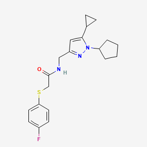 molecular formula C20H24FN3OS B2702897 N-((1-cyclopentyl-5-cyclopropyl-1H-pyrazol-3-yl)methyl)-2-((4-fluorophenyl)thio)acetamide CAS No. 1448053-91-5