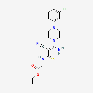 molecular formula C18H22ClN5O2S B2702976 Ethyl 2-({3-amino-3-[4-(3-chlorophenyl)piperazino]-2-cyano-2-propenethioyl}amino)acetate CAS No. 338966-45-3