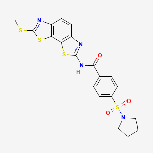 molecular formula C20H18N4O3S4 B2703034 N-[11-(methylsulfanyl)-3,12-dithia-5,10-diazatricyclo[7.3.0.0^{2,6}]dodeca-1(9),2(6),4,7,10-pentaen-4-yl]-4-(pyrrolidine-1-sulfonyl)benzamide CAS No. 361173-13-9
